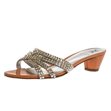 Pre Owned Gina Beige/Silver Crystal Embellished Leather Strappy Sandals Size 39
