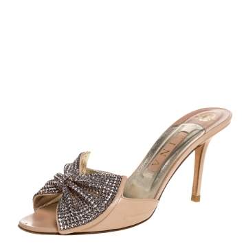 Pre Owned Gine Beige Leather Crystal Embellished Bow Open Toe Sandals Size 39.5