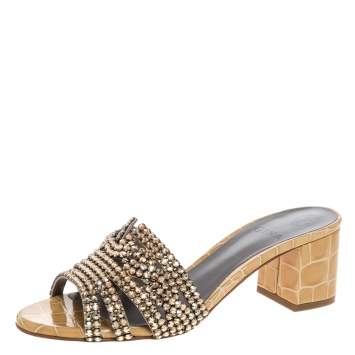 Pre Owned Gina Beige Croc Embossed Patent Leather Rodeo Crystal Embellished Block Heel Slides Size 37