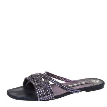 Pre Owned Gina Purple Crystal Embellished And Black Leather Flat Slides Size 40