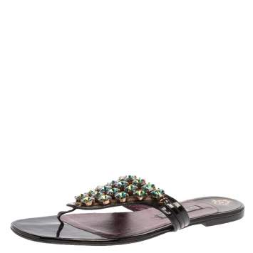 Pre Owned Gina Black Patent Leather Crystal Embellished Thong Flats Size 41