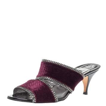 Pre Owned Gina Purple Embossed Velvet And Crystal Embellished Trim Slide Sandals Size 39