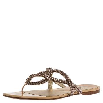 Pre Owned Gina Beige Crystal Embellished Leather Thong Flat Slides Size 39 