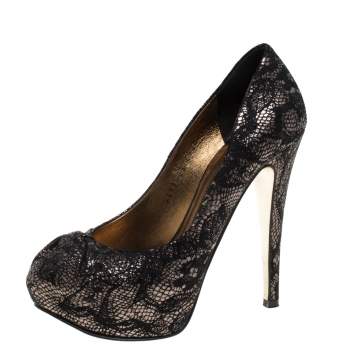 Pre Owned Gina Black/Silver Brocade Fabric Pleated High Heel Platform Pumps Size 36.5