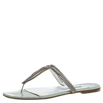 Pre Owned Gina Metallic Silver Leather Crystal Embellished Flat Slides Size 39
