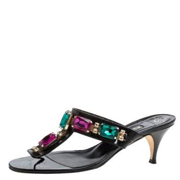 Pre Owned Gina Black Leather Crystal Embellished Slide Sandals Size 39
