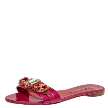 Pre Owned Gina Pink Patent Leather Crystal Embellished Flat Slides Size 41
