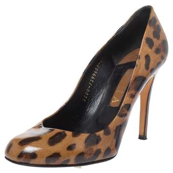 Pre Owned Gina Brown Leopard Print Patent Leather Round Toe Pumps Size 39.5
