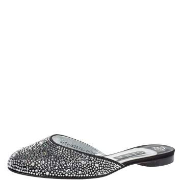 Pre Owned Gina Black Crystal Embellished Satin Flat Mules Size 40.5