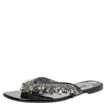 Pre Owned Gina Black Leather Crystal Embellished Thong Flats Size 40.5