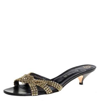 Pre Owned Gina Black Crystal Embellished Leather Knotted Sandals Size 40.5