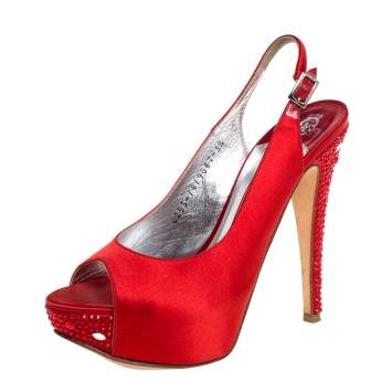 Pre Owned Gina Red Satin Crystal Embellished Platform Slingback Sandals Size 36.5