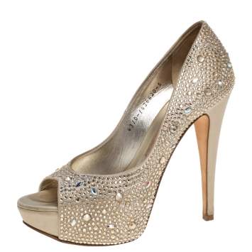 Pre Owned Gina Gold Leather and Crystal Embellished Satin Platform Pumps Size 38