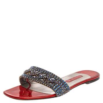 Pre Owned Gina Red/Blue Leather And Crystal Embellished Flats Size 40.5