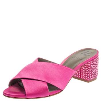 Pre Owned Gina Pink Satin Crystal Embellished Heel Cross Strap Mule Size 38.5