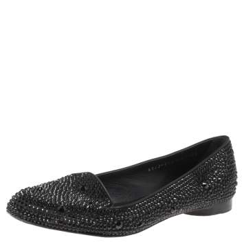 Pre Owned Gina Black Crystal Embellished Satin Ballet Flats Size 37.5