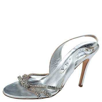 Pre Owned Gina Silver Leather Slingback Sandals Size 38.5