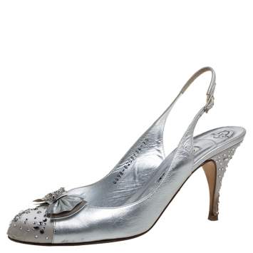 Pre Owned Gina Metallic Silver Leather And Satin Crystal Embellished Bow Slingback Sandals Size 40.5