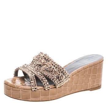 Pre Owned Gina Beige Croc Embossed Leather Crystal Embellished Wedge Platform Sandals Size 36