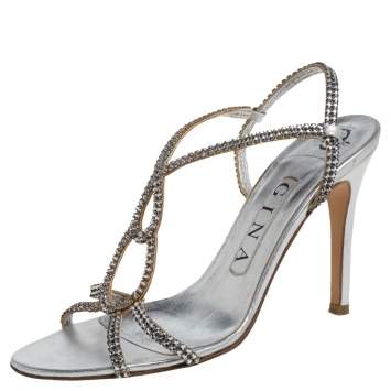 Pre Owned Gina Silver Leather And Crystal Embellished Slingback Sandals Size 37