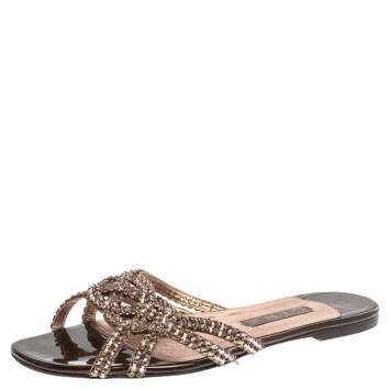 Pre Owned Gina Dark Brown Patent Leather Crystal Embellished Slide Flats Size 40