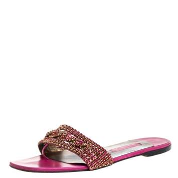 Pre Owned Gina Magenta Leather Athena Crystal Embellished Slide Flats Size 38