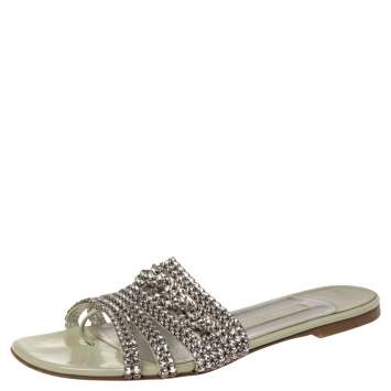 Pre Owned Gina Pale Green Patent Leather Crystal Embellished Thong Flat Slides Size 39