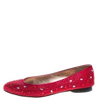 Pre Owned Gina Red Crystal Embellished Satin Ballet Flat Size 37.5