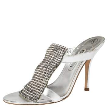Pre Owned Gina Silver Leather and Crystal Embellished Slide Sandals Size 41