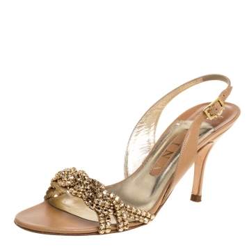Pre Owned Gina Beige Leather Crystal Embellished Naomi Slingback Sandals Size 37.5