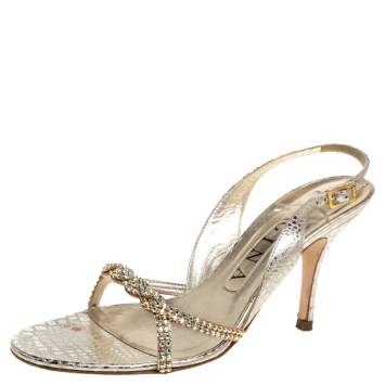 Pre Owned Gina Gold Croc Embossed Leather Crystal Embellished Slingback Sandals Size 37.5