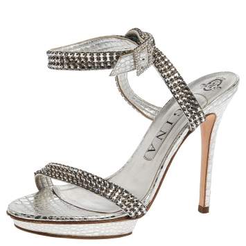 Pre Owned Gina Metallic Silver Croc Embossed Leather Crystal Embellished Ankle Wrap Sandals Size 38