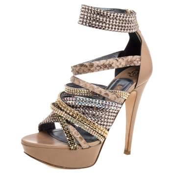 Pre Owned Gina Beige Leather And Python Trim Crystal Embellished Strappy Platform Ankle Cuff Sandals Size 38
