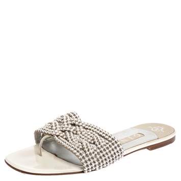 Pre Owned Gina White Leather Crystal Embellished Slide Flats Size 38.5