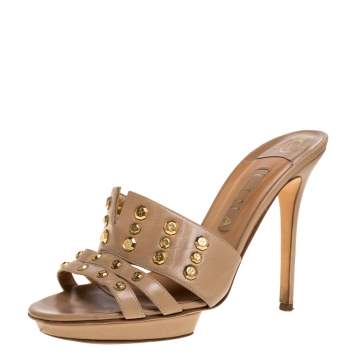Pre Owned Gina Beige Leather Studded Open Toe Sandals Size 40