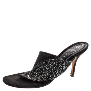 Pre Owned Gina Black Satin Crystal Embellished Thong Sandals Size 40