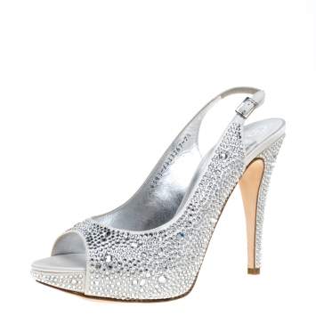 Pre Owned Gina Grey Satin Crystal Embellished Platform Peep Toe Slingback Sandals Size 40.5
