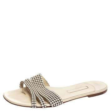 Pre Owned Gina White Leather Crystal Embellished Thong Flat Slides Size 40.5