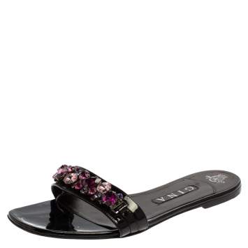 Pre Owned Gina Black Leather Crystal Embellished Flat Slides Size 40