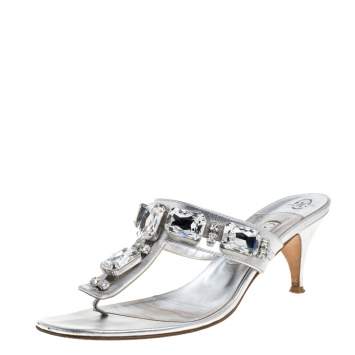 Pre Owned Gina Silver Crystal Embellished Thong Sandals Size 40