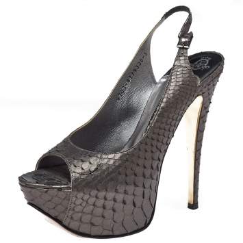 Pre Owned Gina Metallic Python Gemma Peep Toe Platform Slingback Sandals Size 38