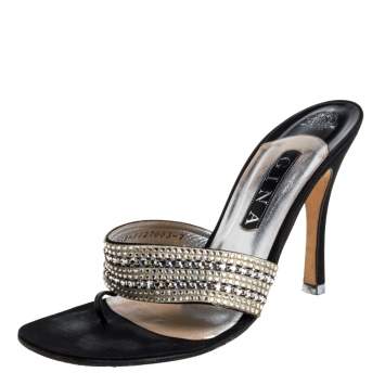 Pre Owned Gina Black Satin Crystal Embellished Thong Sandals Size 38