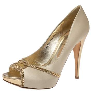 Pre Owned Gina Beige Satin Crystal Embellished Peep Toe Pumps Size 40