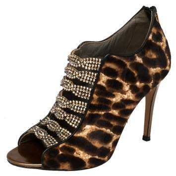 Pre Owned Gina Brown Leopard Print Calf Hair Embellished Sandals Size 37.5