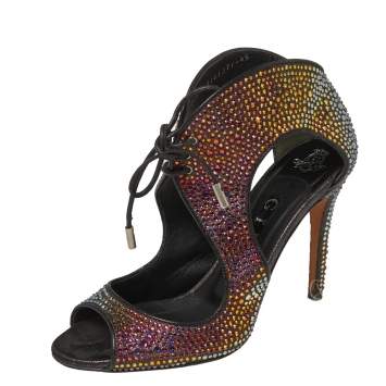 Pre Owned Gina Metallic Black Leather Crystal Embellished Cut Out Peep Toe Sandals Size 37.5