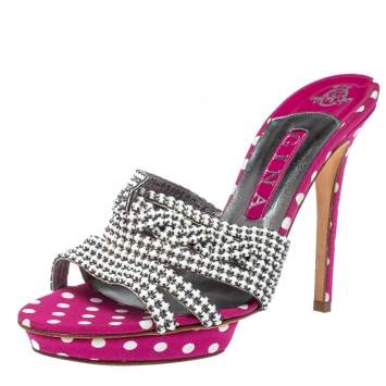Pre Owned Gina Pink Crystal Embellished Polka Dot Fabric Slide Sandals Size 39