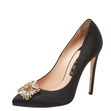 Pre Owned Gina Black Satin Swarovski Crystal Embellished Pumps Size 40