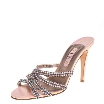 Pre Owned Gina Pink Leather Crystal Embellished  Slide Sandals Size  40