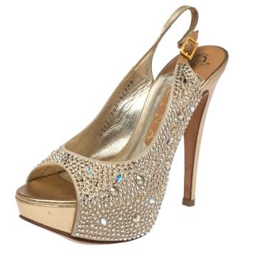Pre Owned Gina Beige Satin Crystal Embellished Platform Peep Toe Slingback Sandals Size 37