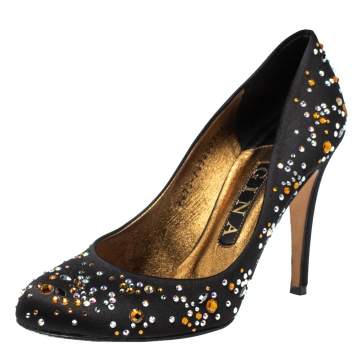 Pre Owned Gina Black Satin Crystal Embellished Pumps Size 38